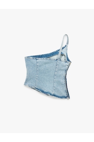 Koton Rahat Kalıp Taş Detaylı Pamuklu Fermuarlı Askılı Asimetrik Denim Bluz Açık İndigo 6sal30035md