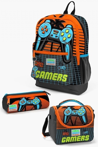 Coral High Kids Erkek Çocuk Gamer Desenli 3 Lü Okul Çanta Seti Gri Turuncu