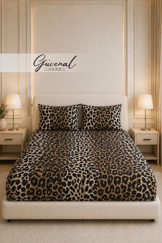 Carmen %100 Pamuk Çift Kişilik Desenli Yastık Kılıflı Lastikli Çarşaf Seti Yastık Kılıfı Lastikli Çarşaf Uyku Seti Çeyiz - 180 X 200 Cm - Leopar Kahverengi