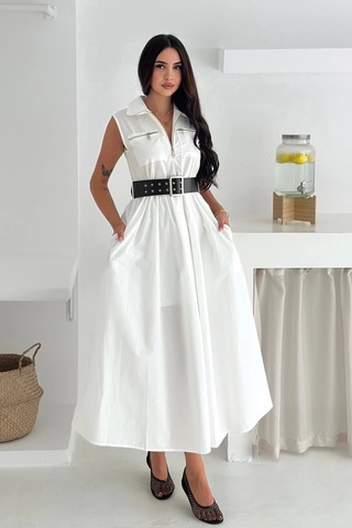 Asprin Fashion Paraşüt Kumaş Kemerli Elbise Beyaz Beyaz
