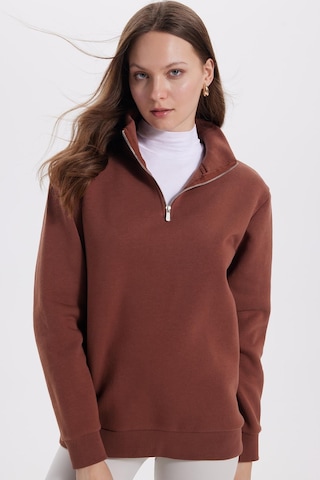 Tudors Kadın Relax Fit Rahat Kesim Pamuklu İçi Polarlı Yarım Fermuarlı Kahverengi Dik Yaka Sweatshirt-42194 Kahverengi1