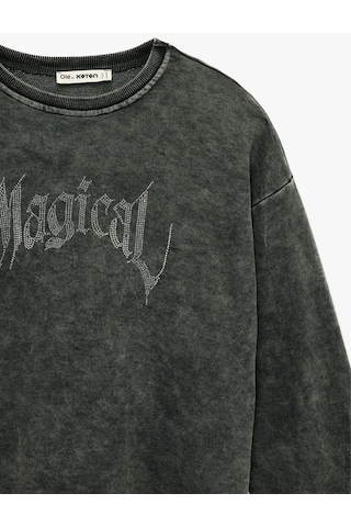 Koton Yıkamalı Bisiklet Yaka Oversize Taşlı Sweatshirt Antrasit 6wal10703ık Antrasit