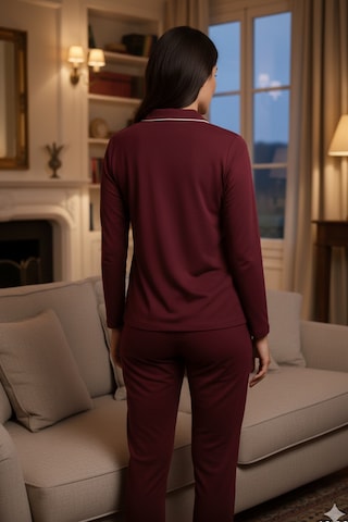 Kompedan Kadın Pamuklu Süprem Önden Düğmeli Biyeli Pijama Takımı Bordo 127 Bordo