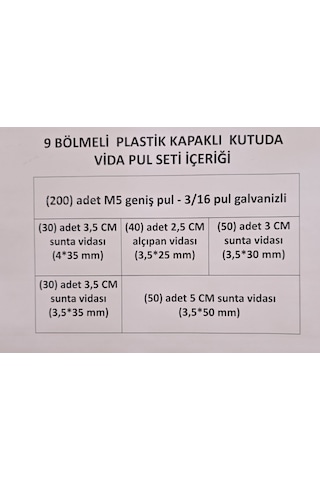 Vida Pul Seti Vidalar 5 Cm, 3,5 Cm, 3 Cm, 2,5 Cm Pul İç Çap 5 Mm