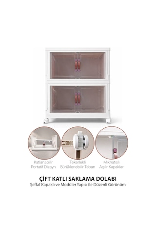 2 Katlı Katlanabilir Modüler Saklama Kutusu Şeffaf Kapaklı Çok Amaçlı Düzenleyici Portatif Dolap Beyaz