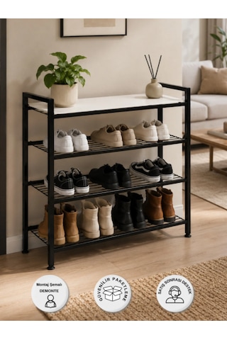 Loft 4 Katlı Siyah Metal Ayakkabılık, Ahşap Mdf Tablalı, Çok Amaçlı Ayakkabı Düzenleyici, 77x30x70 Cm
