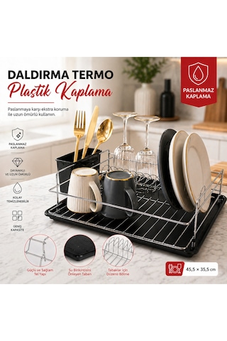 En Çok Tercih Edilen Daldırma Termo Plastik Kaplama Bulaşıklık Paslanmaz & Kararma Yapmaz Ultra Geniş Kapasiteli Tabaklık Su Tutmayan Tepsi Siyah
