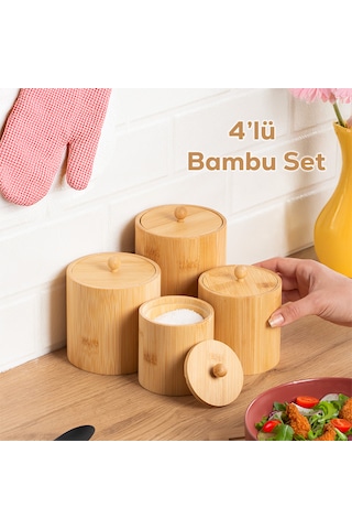 Porsima 4361 Bambu Çok Amaçlı Saklama Kabı Organizer 4lü Baharat Seti Bambu