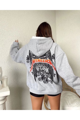 Mbb E-ticaret Kadın 2 İplik Metallıca Baskılı Kapüşonlu Sweatshirt Hoodie - Gri