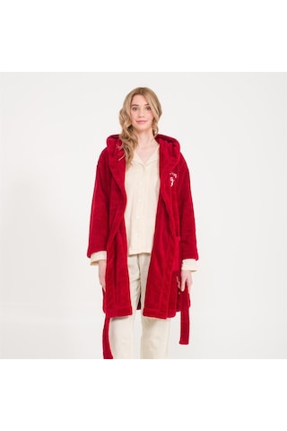 Welsoft Kapüşonlu Peluş Kadın Sabahlık Bordo
