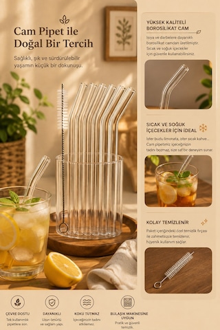 Perotti Straw 6'lı Eğimli Borosilikat Cam Pipet Ve 1 Adet Fırça