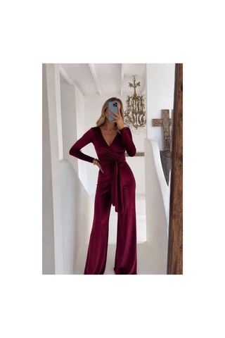 Lior Design Esnek Yaka Tulum Kadife Kumaş Kruvaze Maxi Kuşaklı Sarı