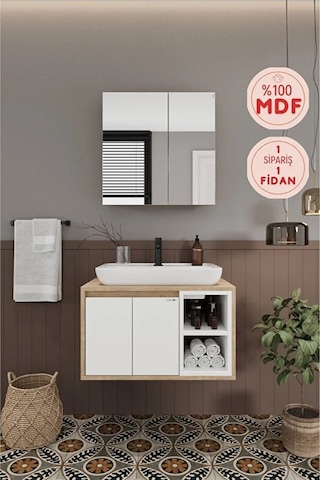 Lale Beyaz 70 Cm %100 Mdf Lavabolu Banyo Dolabı + Aynalı Dolap Beyaz Meşe Lale Beyaz 70 Cm %100 Mdf Lavabolu Banyo Dolabı + Aynalı Dolap Beyaz Meşe
