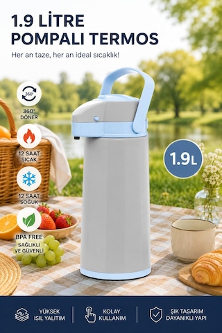 1.9 Litre Termos Çay Termosu Su Termosu Gri Grı Açık Gri