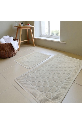 Banyo Pamuk Paspas Seti, Kaymaz Taban, Şık Ve Dayanıklı 60x100 / 60x50 Ölçülerinde Krem