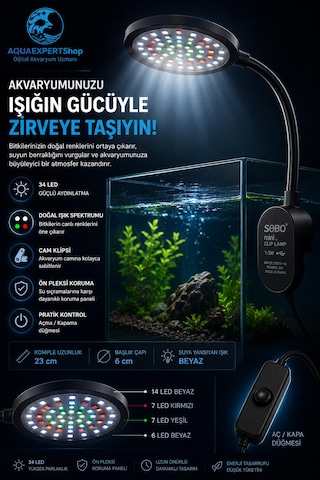 Sobo Usb Akvaryum Işığı - Balık Işığı - Bitki Işığı - 34 Led - Y-3w - Güçlü Aydınlatma - Üstün Performans - 23 Cm - Siyah