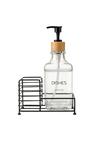 Makri Home Metal Stantlı Bambu Kapaklı Cam Sıvı Sabunluk/deterjanlık, 500 Ml, 15 8,5 23 Cm Şeffaf