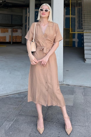 Madmext Camel Gömlek Yaka Cep Detaylı Düğmeli Uzun Elbise Mg2083-camel