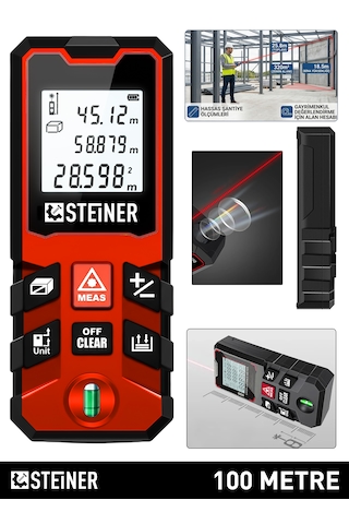 Steiner 100 Metre Su Terazili Uzunluk Alan Hacim Pisagor Ölçüm Cihazı Dijital Mesafe Ölçer Lazer Metre Kırmızı