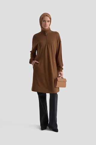 Armine Trend Yarım Fermuarlı Kolları Ribanalı Cepli Örme Tunik Taba 25kt461 Taba