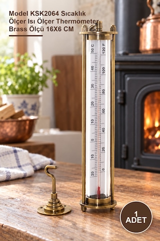 1 Adet Pirinç Termometre Model Ksk2064 Sıcaklık Ölçer Isı Ölçer Thermometer Brass Ölçü 16x6 Cm