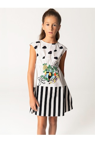 Sheshe Papağan Desenli Pamuklu Kız Çocuk Elbise Renkli