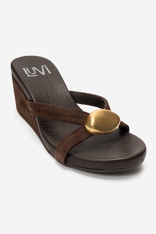 Luvi Shoes Caterına Kahverengi Süet Hakiki Deri Tokalı Kadın Dolgu Topuklu Terlik