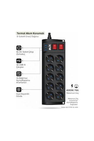 Blic Ftr-08 8 Li Akım Korumalı Priz Ve 3 Usb Girişli Çoklu Priz 2m Kablo 0.2 M