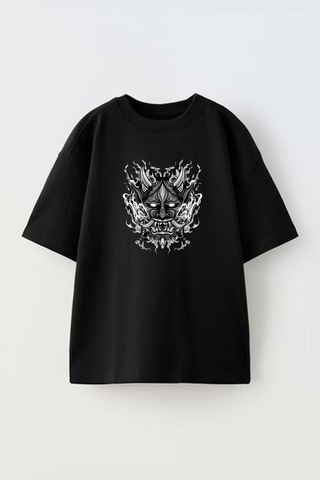 Thewert Unisex Demon Face Şeytan Tasarım Baskılı Pamuk Sıyah Oversize T-shirt Siyah