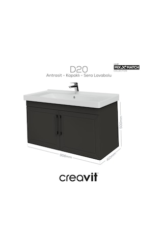 Creavit D20 100 Cm Kapaklı Lavabo Dolabı Antrasit Lake Antrasit
