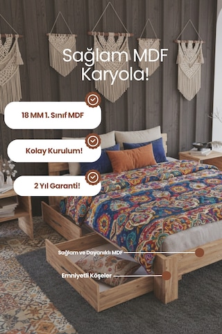 Letto 2 Çekmeceli Çift Kişilik Mdf Karyola 180x200 Yatak Uyumlu - Atlantik Çam