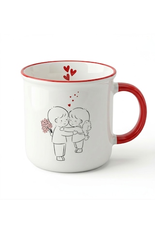 Romantik Çift Tasarımlı 370 Ml Porselen Kupa Kırmızı Kulplu Sevimli Aşk Temalı Kahve Kupası Beyaz - Kırmızı