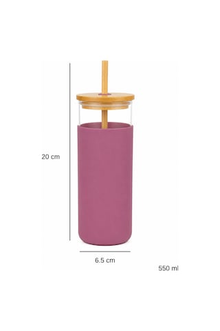 Bambu Pipetli Cam Bardak 550 Ml Silikon Kılıflı Kahve Bubble Tea Ve Su Şişesi - Pembe
