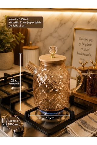 Qerhome Ateşe Dayanıklı Borosilikat Cam Demlik 1800 Ml Bambu Kapaklı Amber Cam Sürahili Çaydanlık Dh-43