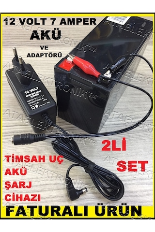 12 Volt 7 Amper Akü Pil + 12 Volt Akü Pil Şarj Adaptörü 1A Cihaz