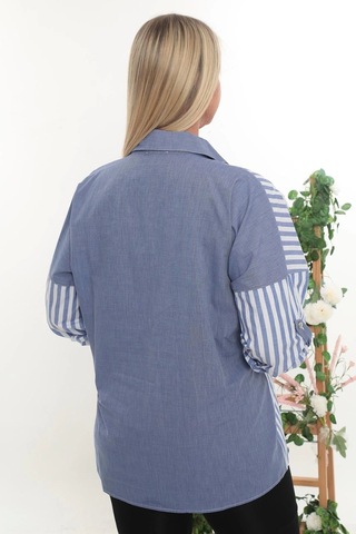Lady Majestic %100 Cotton Rahat Kalıp Çizgili Büyük Beden Kadın Uzun Kollu Gömlek Mavi