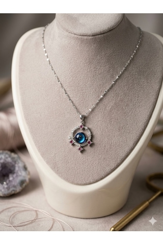 Galaksi Temalı Mavi Kristal Zirkon Kolye - Gümüş Kaplama Kadın Kolye