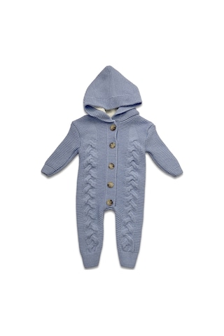 Babysena Kapüşonlu Mavi Örgü Erkek Bebek Tulum Mavi
