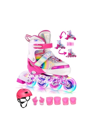 Unisex Unicorn Işıklı Paten Kask Koruma Seti 2+2 Gökkuşağı Kız Çocuk Pateni Silikon Teker,çantalı