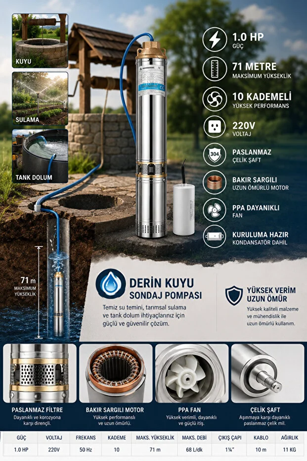 10 Kademeli 1 Hp Derin Kuyu Dalgıç Pompa Seti 71mt. Dik Atım + 11 Ton Su + Kondastatör