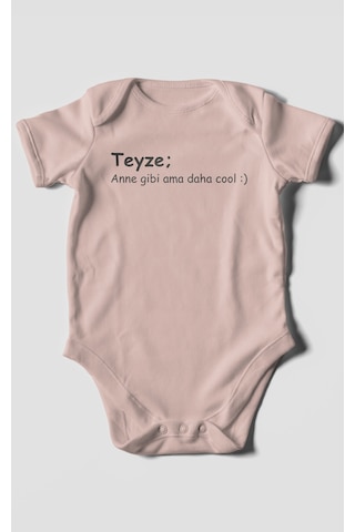 Teyze Anne Gibi Ama Daha Cool Baskılı Bebek Zıbını Çıtçıtlı Body %100 Pamuk Kısa Kol Pastel Pembe