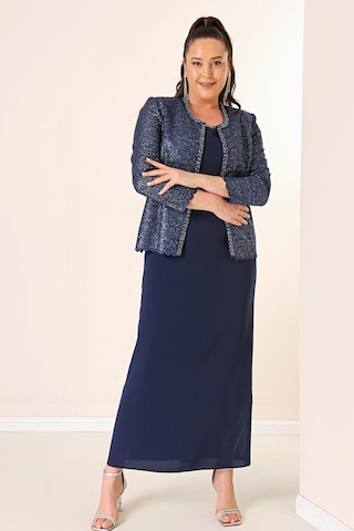 Yaka Taşlı Astarlı Uzun Krep Elbise Pullu Ceket Büyük Beden 2'li Takım-34881-lacivert Lacivert
