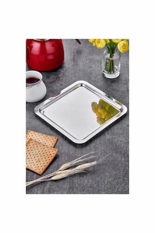 2 Adet Lüx Kare Paslanmaz Çelik Gümüş Renk 21x21cm Kahve Servis Sunum Tepsisi & Tabağı Gri - Gümüş