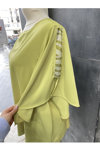 Pera Moda Yanları Boncuklu Zarif Kollu Uzun Oversize Büyük Beden Kadın Gömlek Fıstık Yeşili