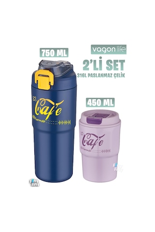 Vagonlife 2'li Çelik Termos-kahve Bardağı Seti 750ml Çift Kullanım Termos//450ml Mug Kahve Bardağı Lacivert - Mor