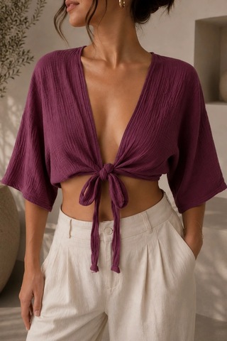Bbbutikbasic Kadın Müslin Bağlamalı Bolero Bluz Oversize Salaş Yazlık Kimono Hırka My3535 Bordo