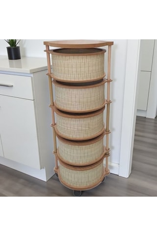 5 Katlı Ahşap Sebzelik Tekerlekli Naturel Gıdaya Uygun Kaliteli Mdf Modern Açık Kahverengi
