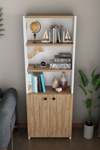 Kapaklı Çok Amaçlı Salon Dolabı 150x50x22 Cm Raflı Kitaplık Dekoratif Depolama Ünitesi Atlantik Çam - Beyaz