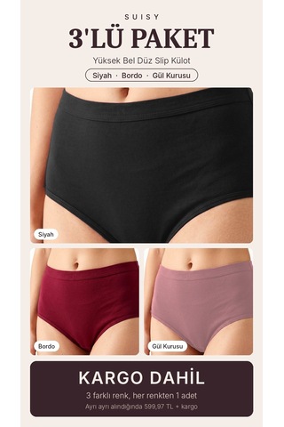 Suısy Yüksek Bel Düz Slip Külot 3'lü Paket Gül Kurusu - Ten - Bordo Çok Renkli