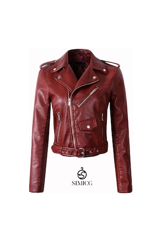 Kadınlar İçin Eğik Fermuarlı Günlük Kısa Deri Ceket Kırmızı